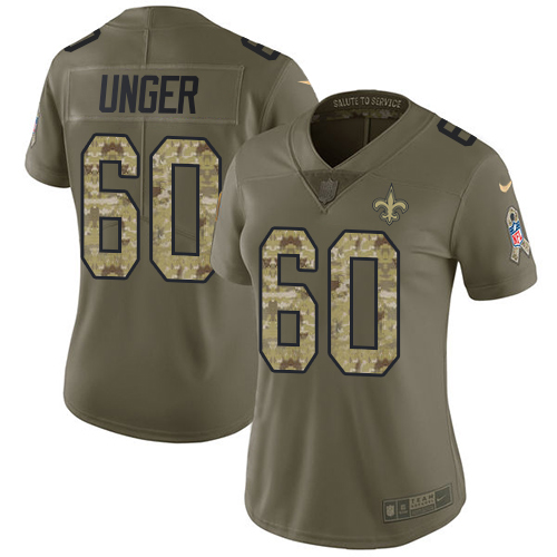 Nike Saints #60 Max Unger Olive Camo Womens Stitched NFL Limited 2017 Salute to Service Jersey