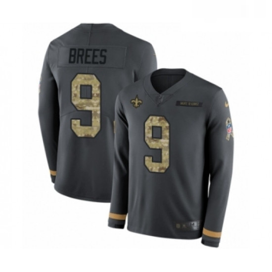 Mens Nike New Orleans Saints 9 Drew Brees Limited Black Salute to Service Therma Long Sleeve NFL Jer