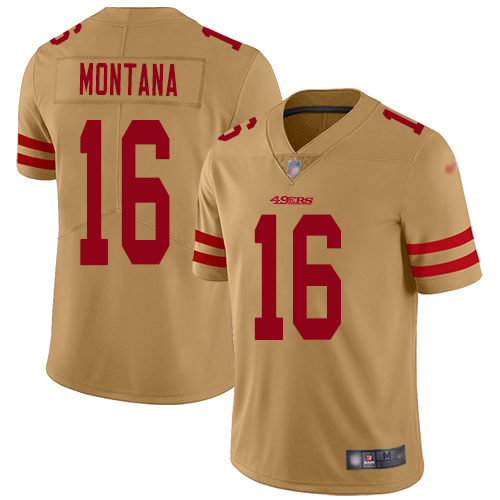 Nike 49ers 16 Joe Montana Gold Mens Stitched Football Limited Inverted Legend Jersey