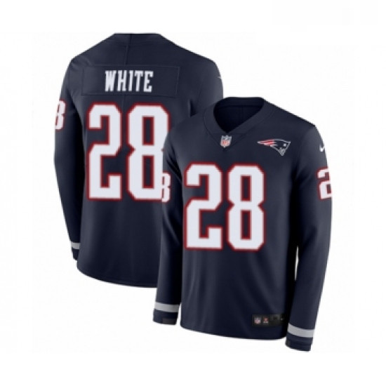 Mens Nike New England Patriots 28 James White Limited Navy Blue Therma Long Sleeve NFL Jersey