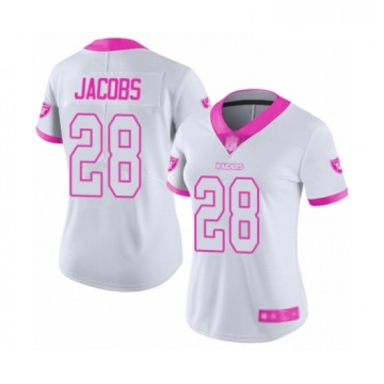 Womens Oakland Raiders 28 Josh Jacobs Limited White Pink Rush Fashion Football Jersey