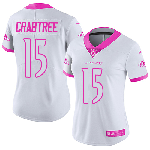 Nike Ravens #15 Michael Crabtree White Pink Womens Stitched NFL Limited Rush Fashion Jersey