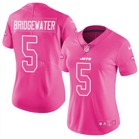 Nike Jets #5 Teddy Bridgewater Pink Womens Stitched NFL Limited Rush Fashion Jersey