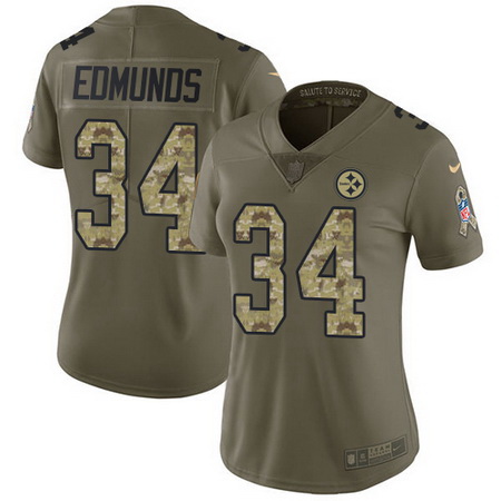 Nike Steelers #34 Terrell Edmunds Olive Camo Womens Stitched NFL Limited 2017 Salute to Service Jers