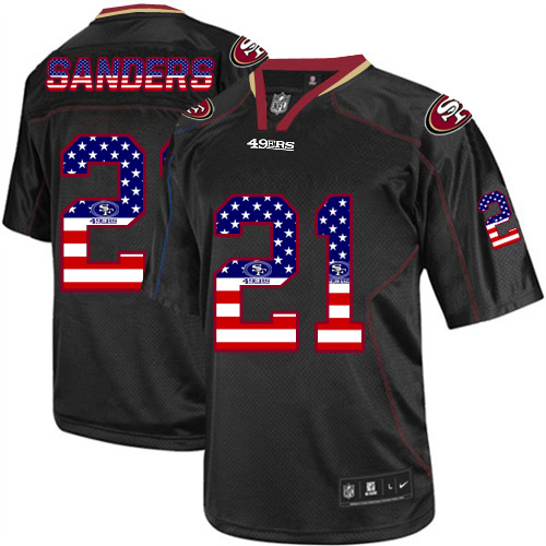 Nike 49ers #21 Deion Sanders Black Mens Stitched NFL Elite USA Flag Fashion Jersey