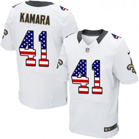 Mens Nike New Orleans Saints 41 Alvin Kamara Elite White Road USA Flag Fashion NFL Jersey