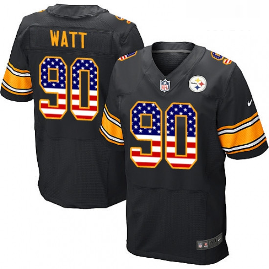 Mens Nike Pittsburgh Steelers 90 T J Watt Elite Black Home USA Flag Fashion NFL Jersey