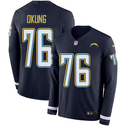 Nike Chargers #76 Russell Okung Navy Blue Team Color Men Stitched NFL Limited Therma Long Sleeve Jer