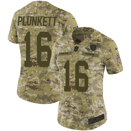 Nike Raiders #16 Jim Plunkett Camo Women Stitched NFL Limited 2018 Salute to Service Jersey