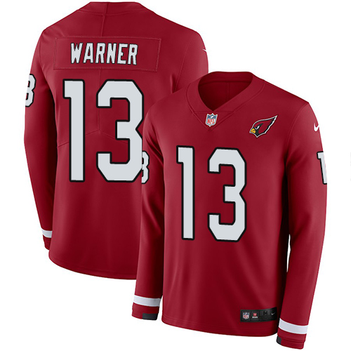 Nike Cardinals #13 Kurt Warner Red Team Color Men Stitched NFL Limited Therma Long Sleeve Jersey