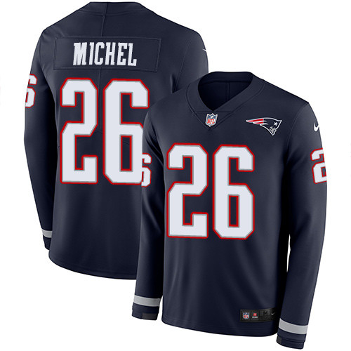 Nike Patriots #26 Sony Michel Navy Blue Team Color Men Stitched NFL Limited Therma Long Sleeve Jerse