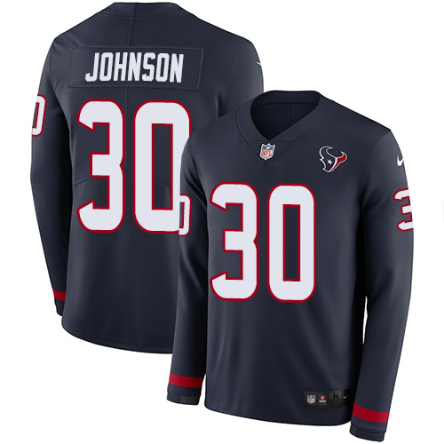 Nike Texans #30 Kevin Johnson Navy Blue Team Color Men Stitched NFL Limited Therma Long Sleeve Jerse