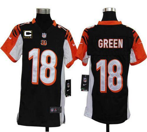 Nike Bengals #18 A J  Green Black Team Color With C Patch Youth Stitched NFL Elite Jersey