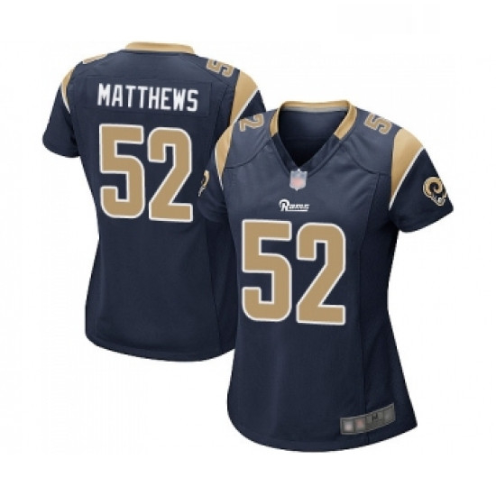 Womens Los Angeles Rams 52 Clay Matthews Game Navy Blue Team Color Football Jersey