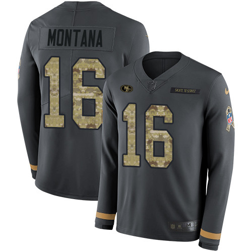 Nike 49ers 16 Joe Montana Anthracite Salute to Service Men s Stitched NFL Limited Therma Long Sleeve