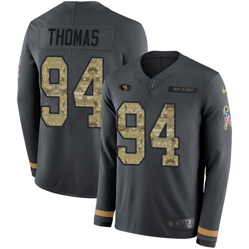 Nike 49ers 94 Solomon Thomas Anthracite Salute to Service Men s Stitched NFL Limited Therma Long Sle