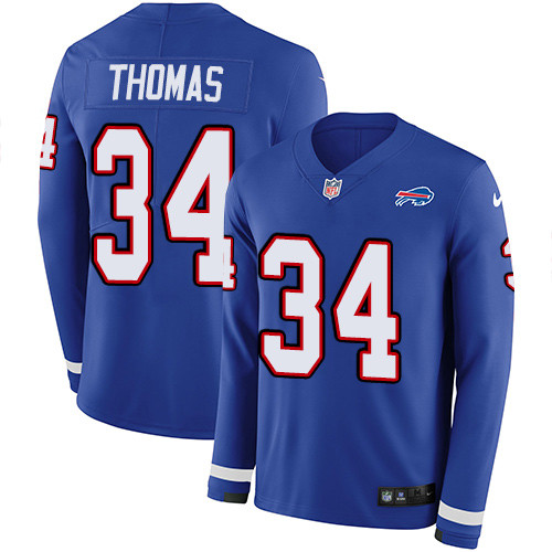 Nike Bills 34 Thurman Thomas Royal Blue Team Color Men s Stitched NFL Limited Therma Long Sleeve Jer