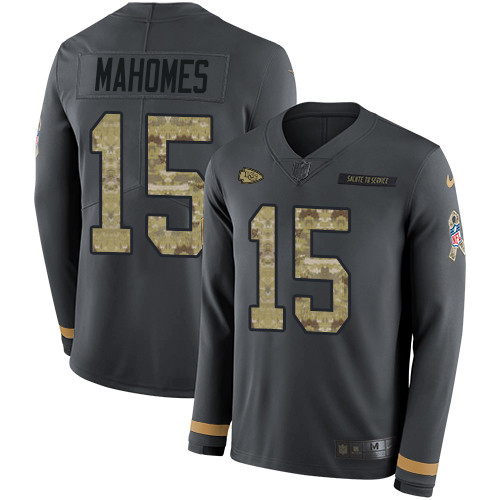 Nike Chiefs 15 Patrick Mahomes Anthracite Salute to Service Men s Stitched NFL Limited Therma Long S