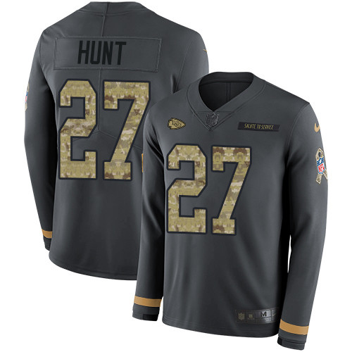 Nike Chiefs 27 Kareem Hunt Anthracite Salute to Service Men s Stitched NFL Limited Therma Long Sleev