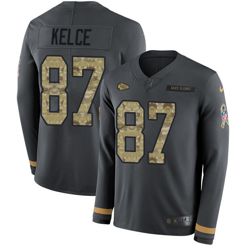 Nike Chiefs 87 Travis Kelce Anthracite Salute to Service Men s Stitched NFL Limited Therma Long Slee