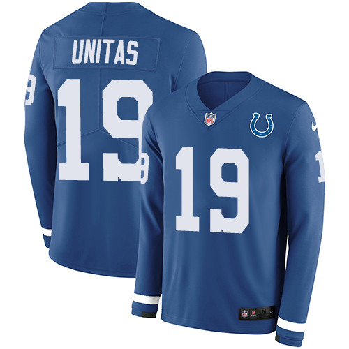 Nike Colts 19 Johnny Unitas Royal Blue Team Color Men s Stitched NFL Limited Therma Long Sleeve Jers