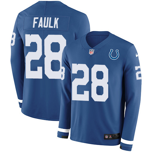 Nike Colts 28 Marshall Faulk Royal Blue Team Color Men s Stitched NFL Limited Therma Long Sleeve Jer