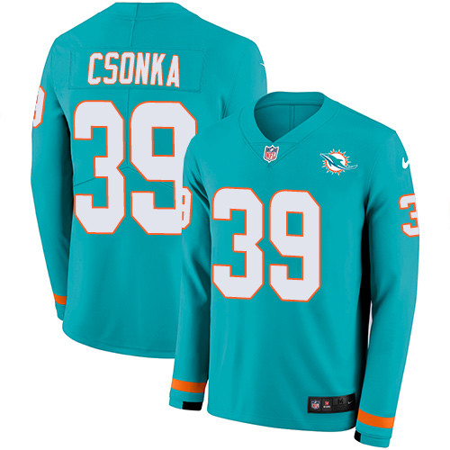 Nike Dolphins 39 Larry Csonka Aqua Green Team Color Men s Stitched NFL Limited Therma Long Sleeve Je