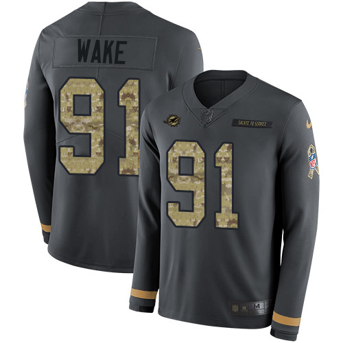 Nike Dolphins 91 Cameron Wake Anthracite Salute to Service Men s Stitched NFL Limited Therma Long Sl