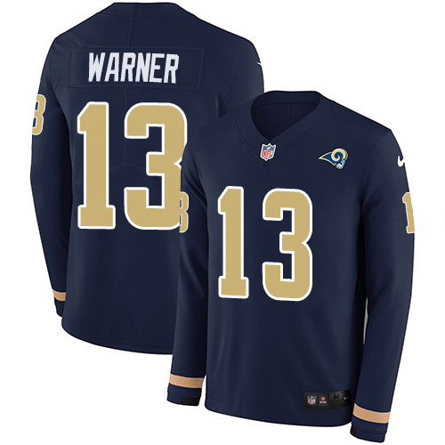 Nike Rams 13 Kurt Warner Navy Blue Team Color Men s Stitched NFL Limited Therma Long Sleeve Jersey