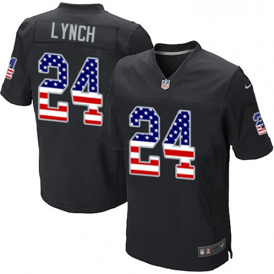 Mens Nike Oakland Raiders 24 Marshawn Lynch Elite Black Home USA Flag Fashion NFL Jersey