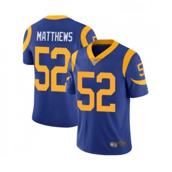 Youth Los Angeles Rams 52 Clay Matthews Royal Blue Alternate Vapor Untouchable Limited Player Footba