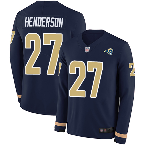 Rams 27 Darrell Henderson Navy Blue Team Color Men Stitched Football Limited Therma Long Sleeve Jers