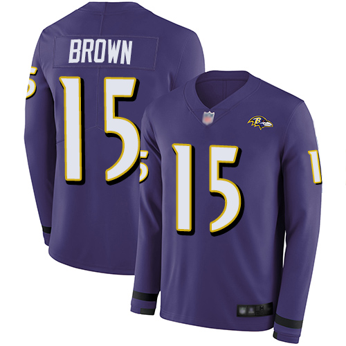 Ravens 15 Marquise Brown Purple Team Color Men Stitched Football Limited Therma Long Sleeve Jersey