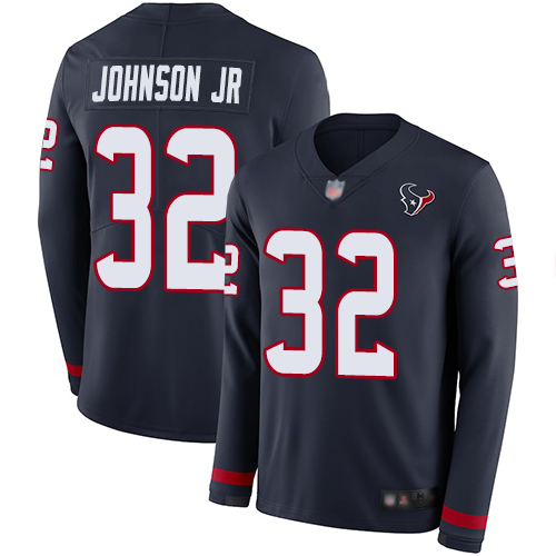 Texans 32 Lonnie Johnson Jr  Navy Blue Team Color Men Stitched Football Limited Therma Long Sleeve J