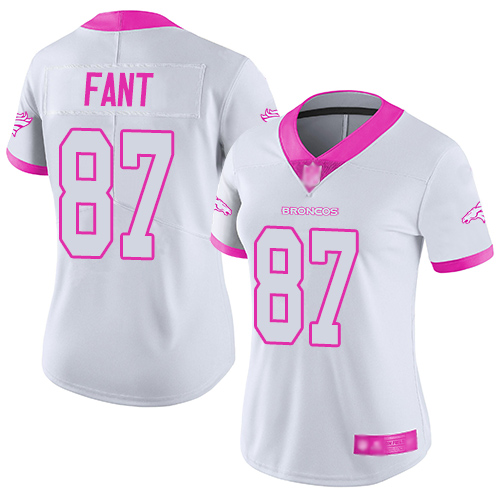 Broncos 87 Noah Fant White Pink Women Stitched Football Limited 