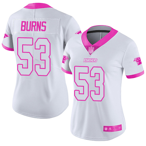 Panthers 53 Brian Burns White Pink Women Stitched Football Limit