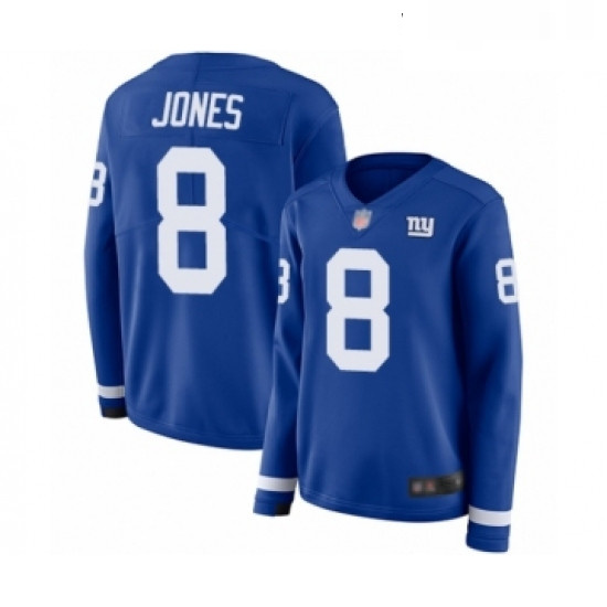 Womens New York Giants 8 Daniel Jones Limited Royal Blue Therma Long Sleeve Football Jersey