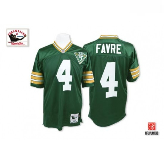 Mitchell and Ness Green Bay Packers 4 Brett Favre Authentic Green With 75th Patch Throwback NFL Jers