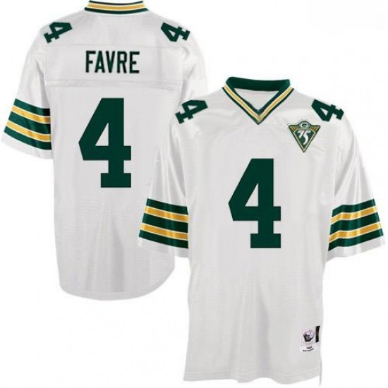 Mitchell and Ness Green Bay Packers 4 Brett Favre Authentic White With 75th Patch Throwback NFL Jers