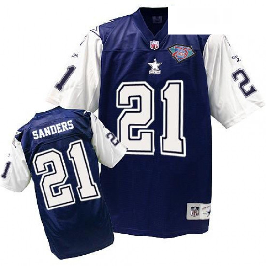 Mitchell and Ness Dallas Cowboys 21 Deion Sanders Authentic Navy BlueWhite 75TH Patch Throwback NFL 