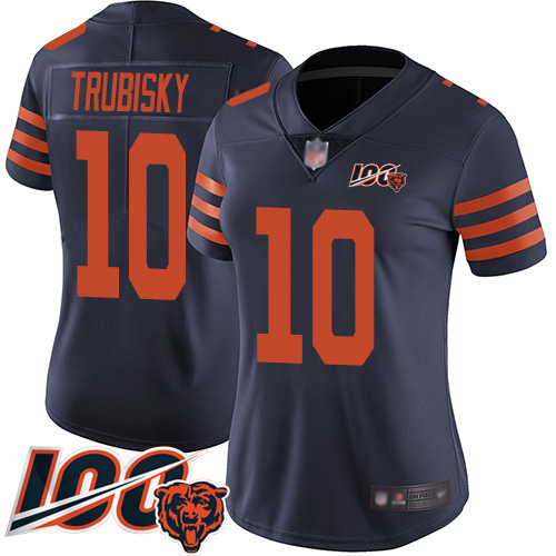 Women Chicago Bears 10 Mitchell Trubisky Limited Navy Blue Rush Vapor Untouchable 100th Season Footb