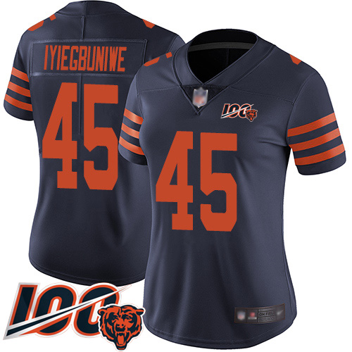 Women Chicago Bears 45 Joel Iyiegbuniwe Limited Navy Blue Rush Vapor Untouchable 100th Season Footba