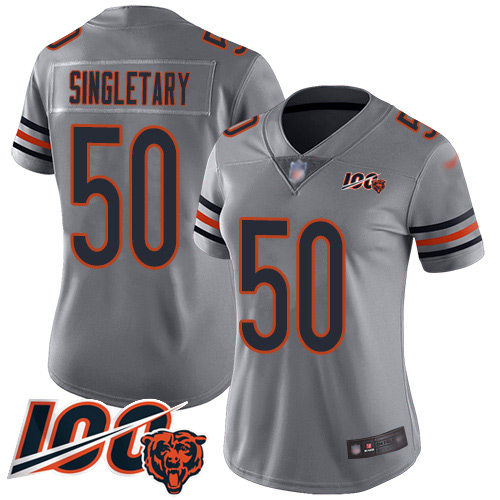 Women Chicago Bears 50 Mike Singletary Limited Silver Inverted Legend 100th Season Football Jersey