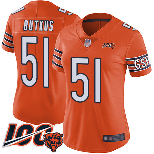 Women Chicago Bears 51 Dick Butkus Orange Alternate 100th Season Limited Football Jersey