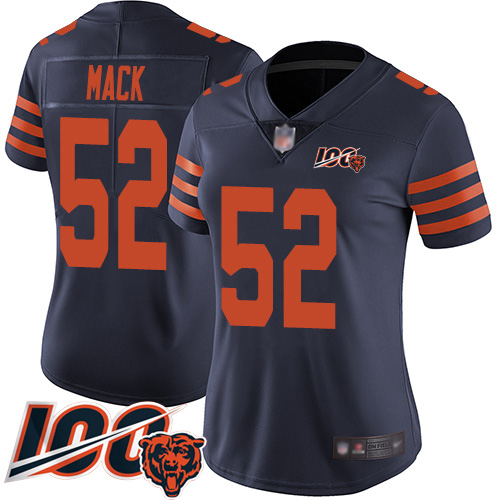 Women Chicago Bears 52 Khalil Mack Limited Navy Blue Rush Vapor Untouchable 100th Season Football Je