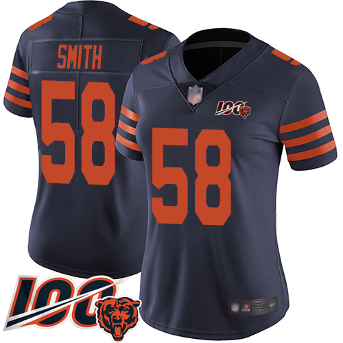 Women Chicago Bears 58 Roquan Smith Limited Navy Blue Rush Vapor Untouchable 100th Season Football J