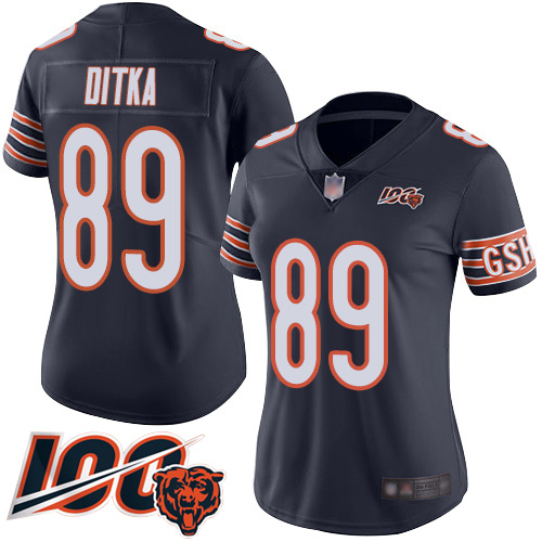 Women Chicago Bears 89 Mike Ditka Navy Blue Team Color 100th Season Limited Football Jersey