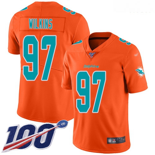 Dolphins 97 Christian Wilkins Orange Men Stitched Football Limited Inverted Legend 100th Season Jers