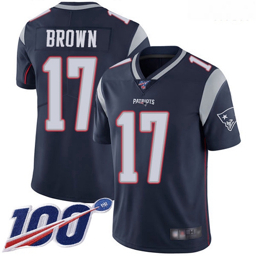 Patriots 17 Antonio Brown Navy Blue Team Color Men Stitched Football 100th Season Vapor Limited Jers