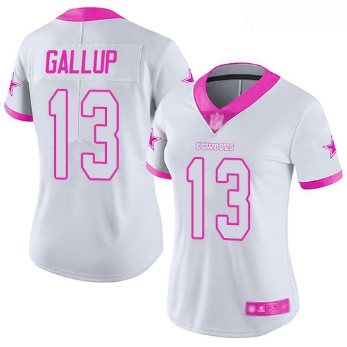 Cowboys #13 Michael Gallup White Pink Women Stitched Football Limited Rush Fashion Jersey